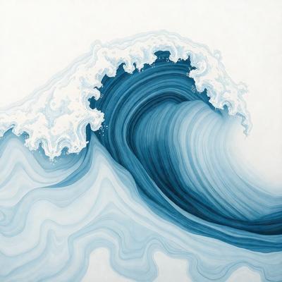 The primary subject of the image is a large wave, which is the main focus of the scene. The wave is depicted in a painting or drawing, giving it a more artistic and detailed appearance. The setting is the ocean, with the wave crashing against the surface. The visual style is a combination of realism and artistic expression, as the wave is skillfully rendered in the painting. The colors and mood of the image are predominantly blue, which adds to the overall atmosphere of the scene.